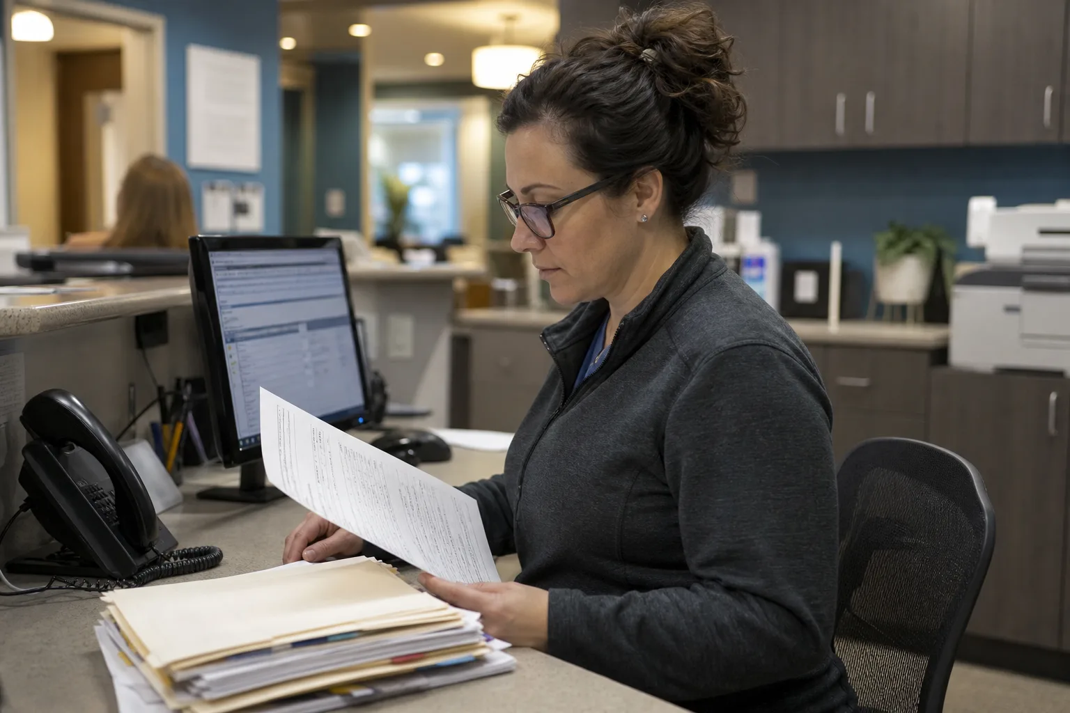 A practice administrator at a clinic front desk reviewing a printed patient file next to a computer monitor, with a phone handset and a stack of records fold...