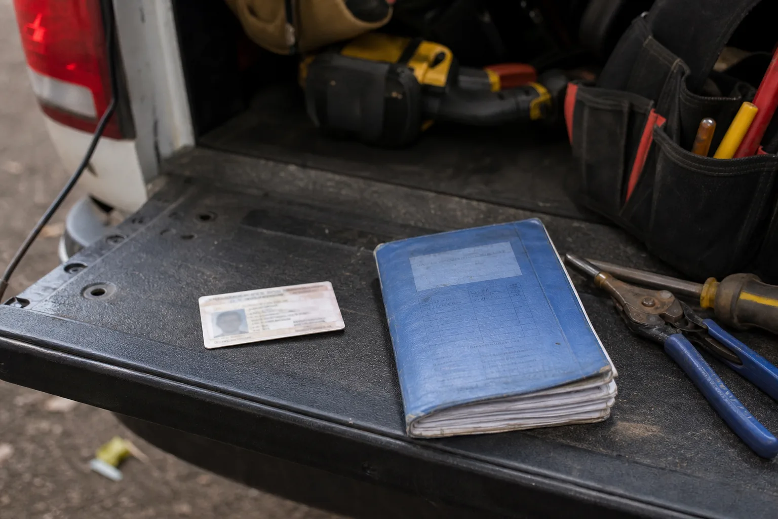 A tradesperson's wallet-sized state license card and a folded apprenticeship hours logbook resting on the open tailgate of a work truck, with hand tools nearby