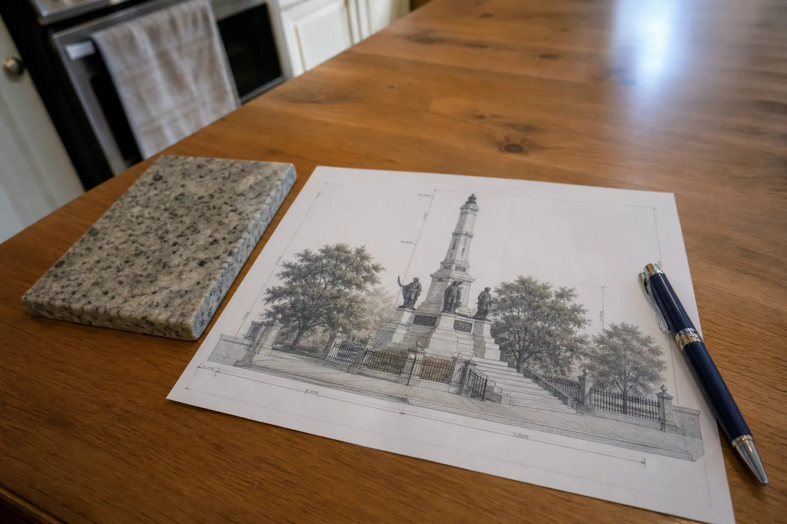 A scaled monument drawing printed on paper, laid flat on a kitchen table beside a granite color sample and a pen
