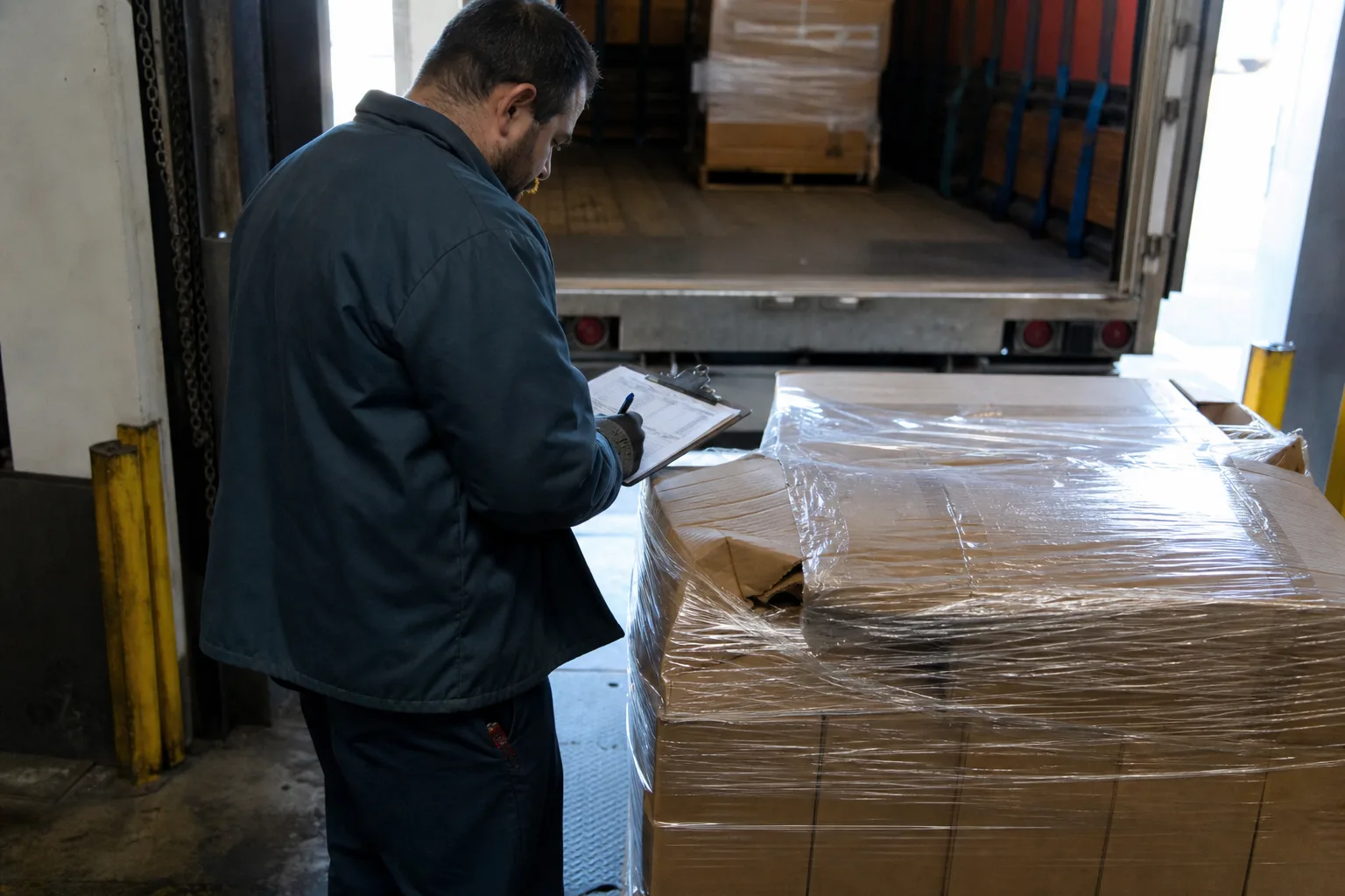 A warehouse receiving clerk standing at a loading dock beside a shrink-wrapped pallet with one crushed corner, writing an exception on a clipboarded delivery...