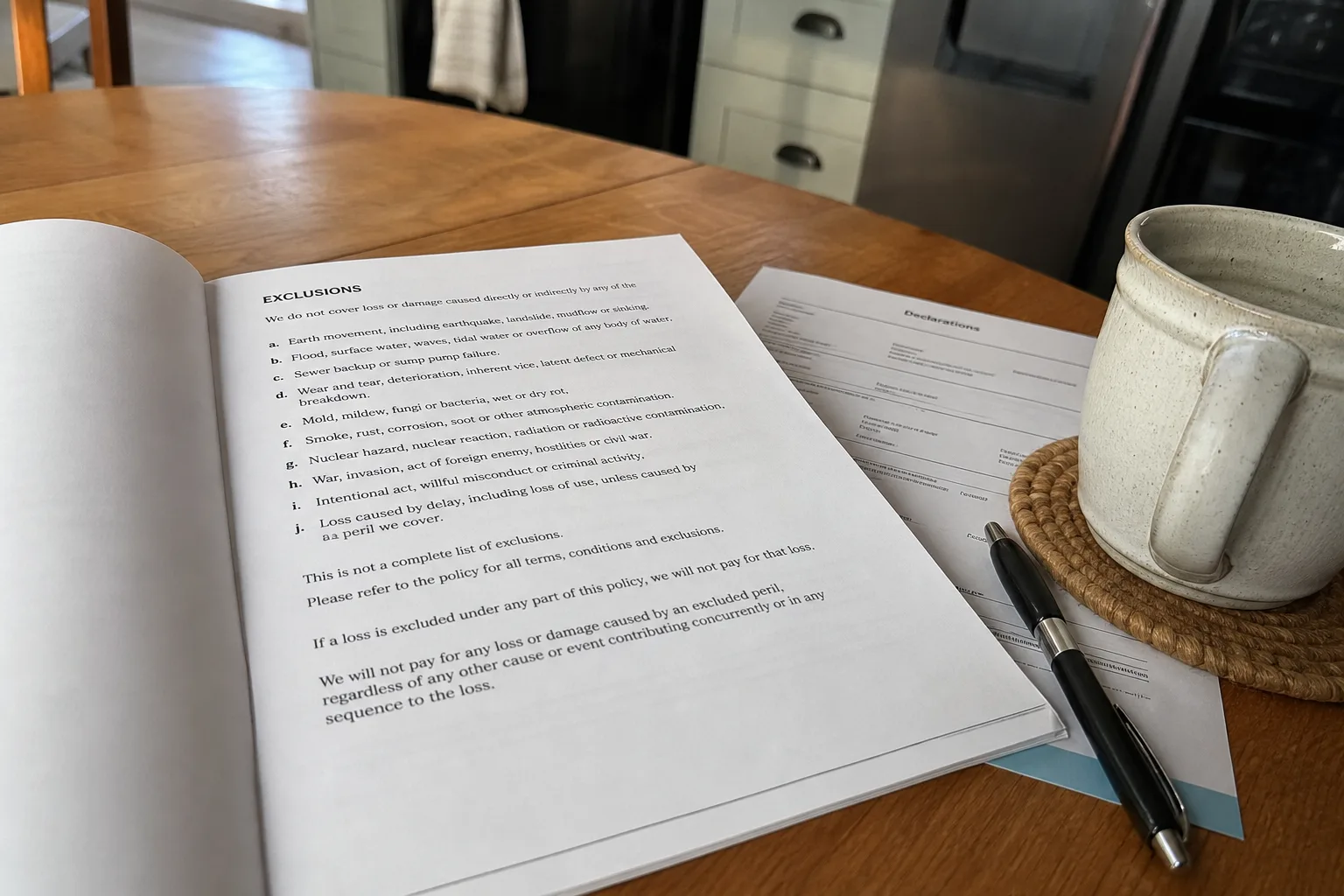 A homeowners insurance policy booklet open on a kitchen table to a page of exclusions, with a pen and a coffee mug beside it and a folded declarations page u...