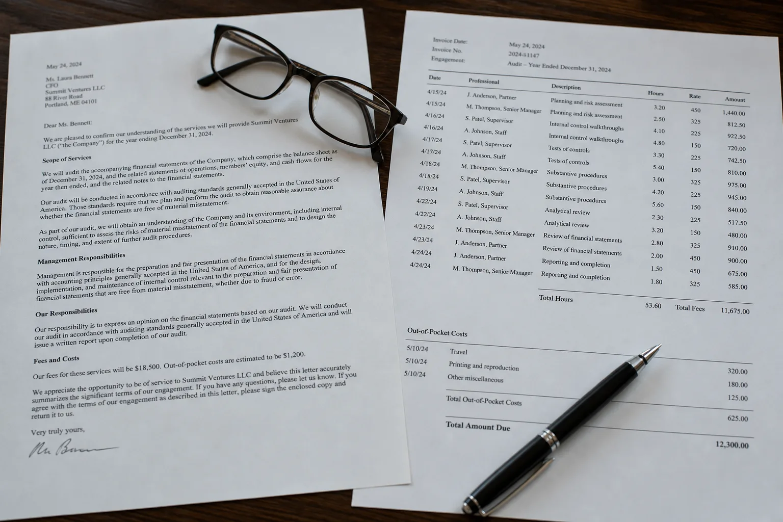 A printed professional engagement letter and a detailed itemized invoice laid side by side on a desk, with a pen and a pair of reading glasses resting on the...