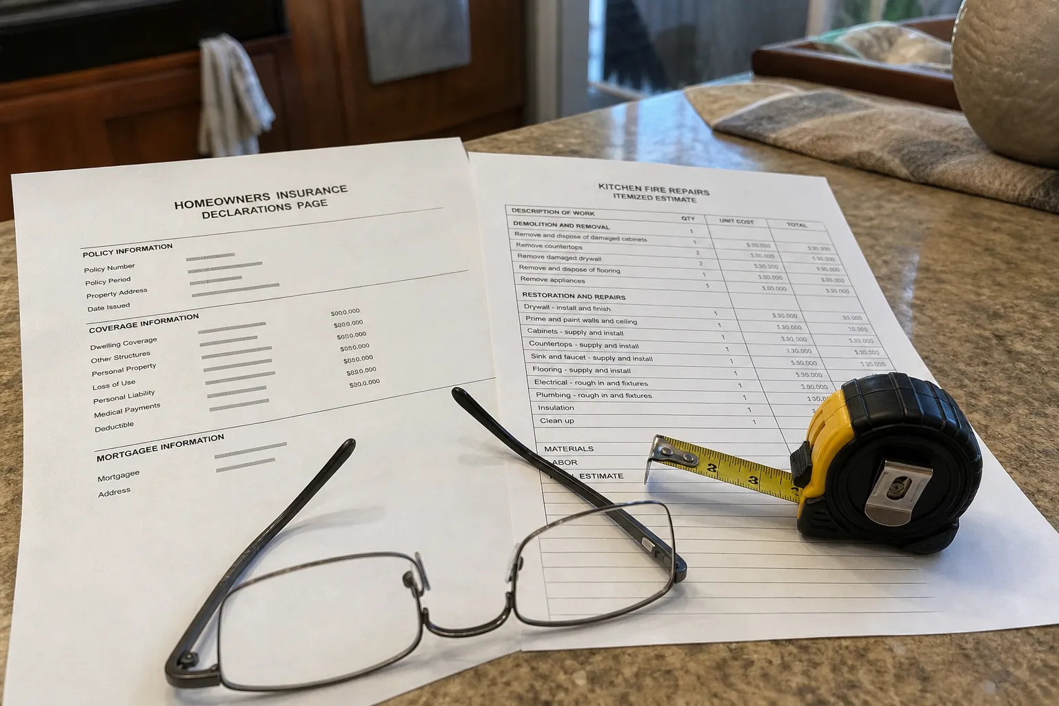 A homeowners insurance declarations page and a contractor's itemized estimate for kitchen fire repairs spread side by side on a kitchen table, with a tape me...