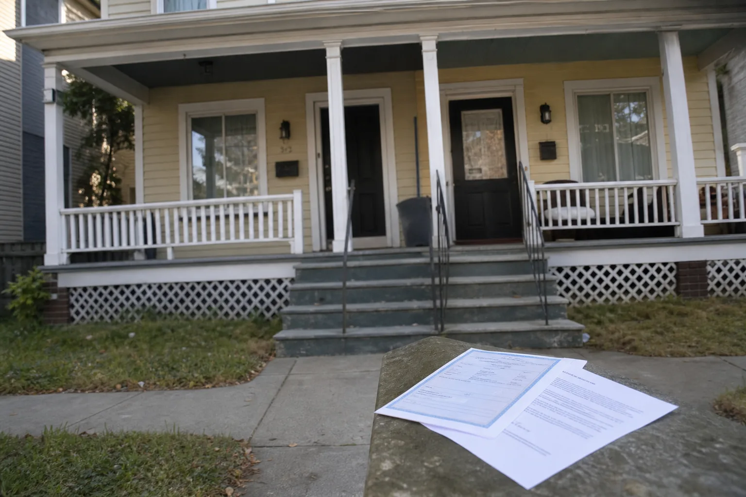 A two-unit residential duplex with a shared front porch, seen from the sidewalk, with an insurance declarations page and a contractor's letter resting on a n...