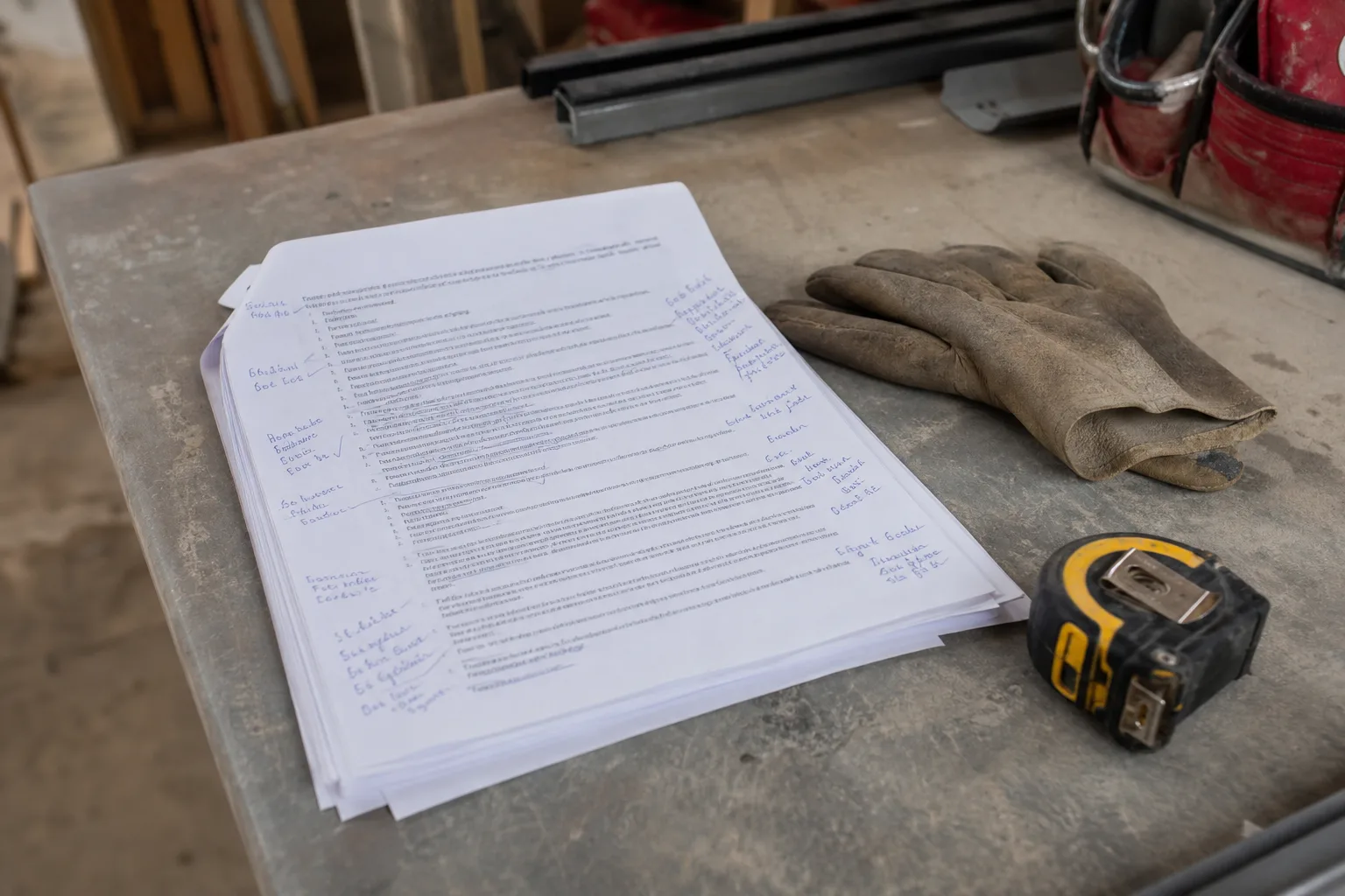 A printed multi-page scope of work document on a job site table, annotated in pen with margin notes, beside a work glove and a tape measure