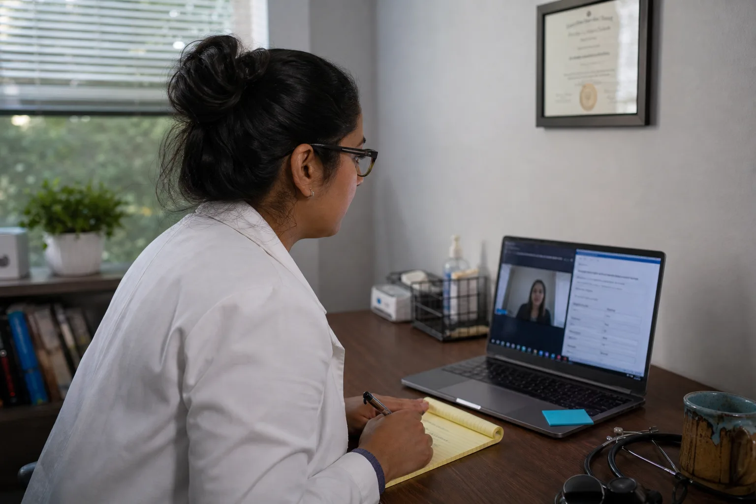A clinician at a desk in a small consulting room during a video appointment, with a state license certificate framed on the wall behind them and a laptop sho...